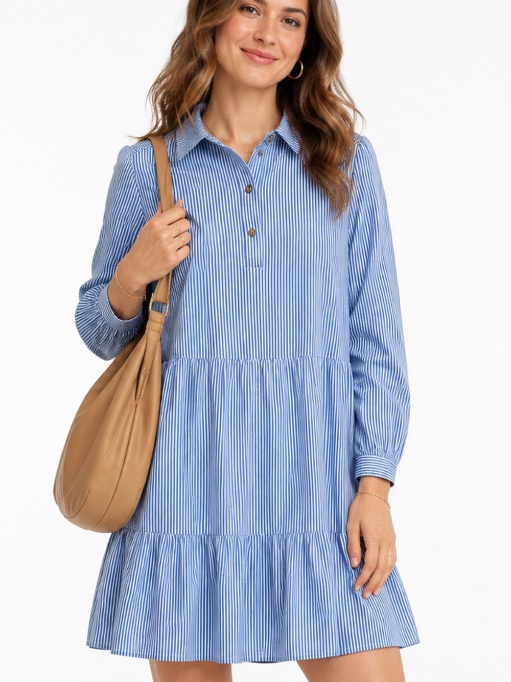 Jude Connally Henley Midi Seersucker LS Dress in Blue & White SZ Small